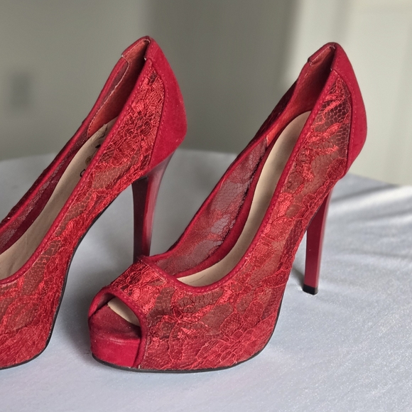Guess Shoes - Guess Red Lace Peep-Toe Heels
